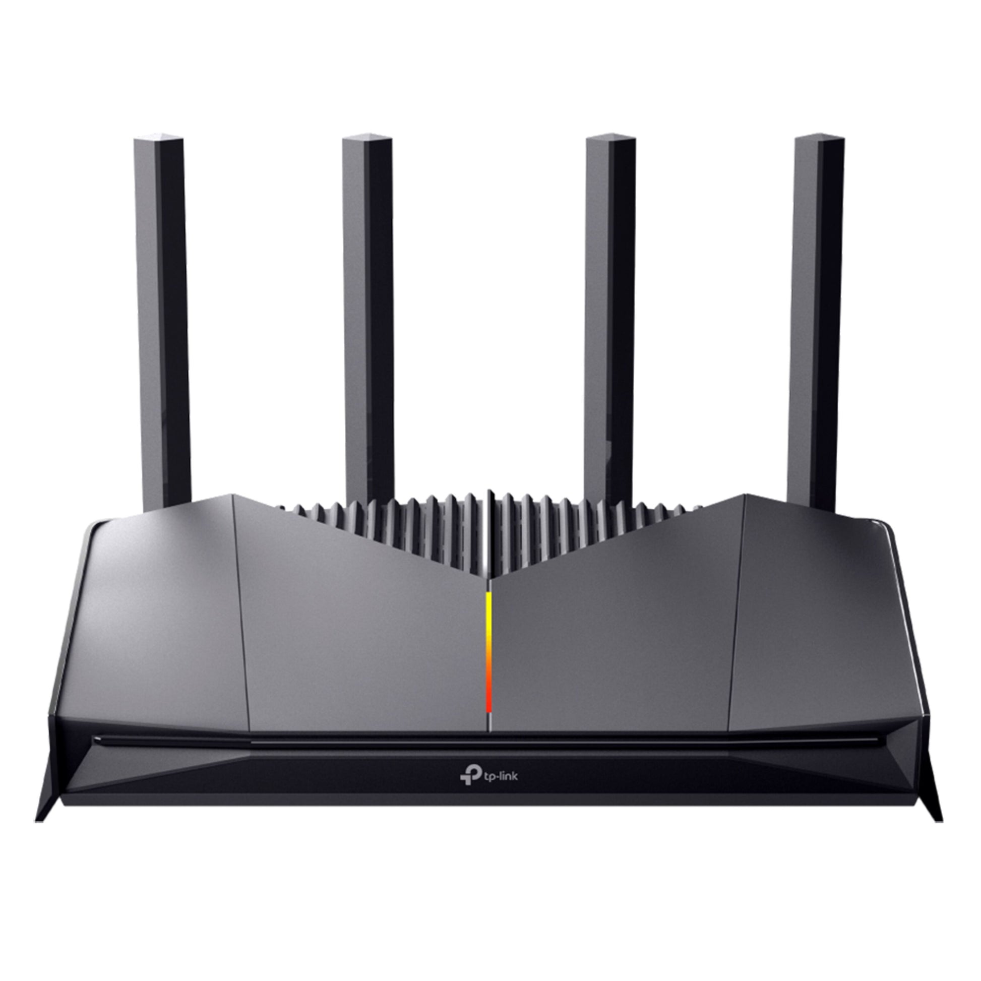 TP-Link Archer GE230 WiFi 7 gamingrouter sort, fire eksterne antenner, topgitter, gul-rød LED-stribe, op til 3600 Mbps.