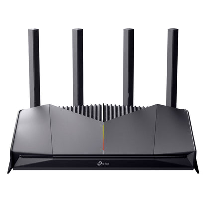 TP-Link Archer GE230 WiFi 7 gamingrouter sort, fire eksterne antenner, topgitter, gul-rød LED-stribe, op til 3600 Mbps.