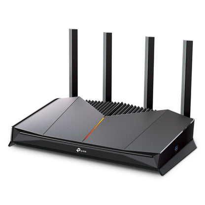 TP-Link Archer GE230 WiFi 7 gamingrouter sort med fire vertikale antenner, trådløs hastighed op til 3600 Mbps.
