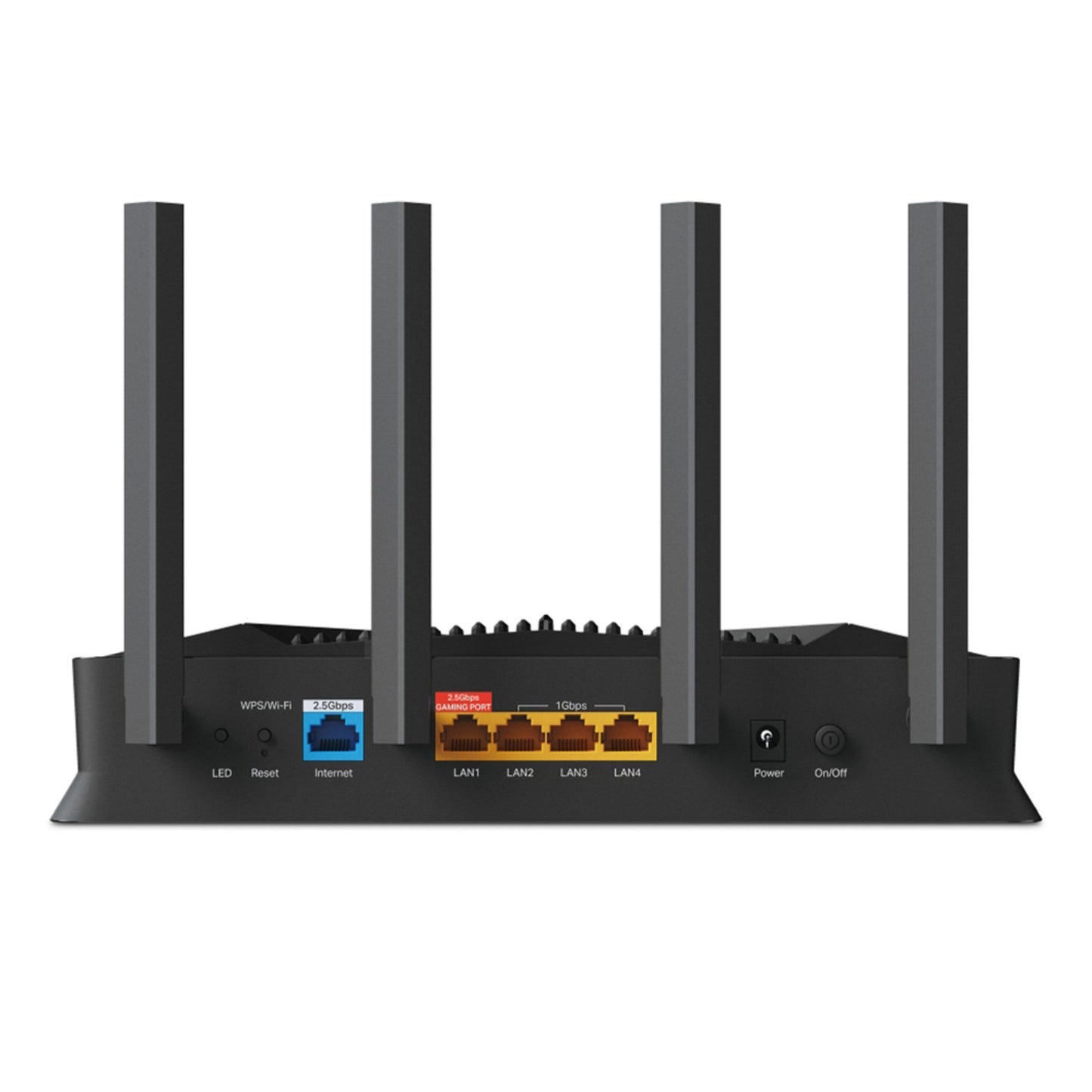 TP-Link Archer GE230 Wifi 7 gamingrouter sort, op til 3600 Mbps, 4 antenner, WPS/Reset, WAN blå, 4 LAN gule, LED, Power, On/Off.