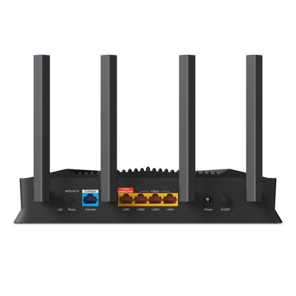 TP-Link Archer GE230 Wifi 7 gamingrouter sort, op til 3600 Mbps, 4 antenner, WPS/Reset, WAN blå, 4 LAN gule, LED, Power, On/Off.