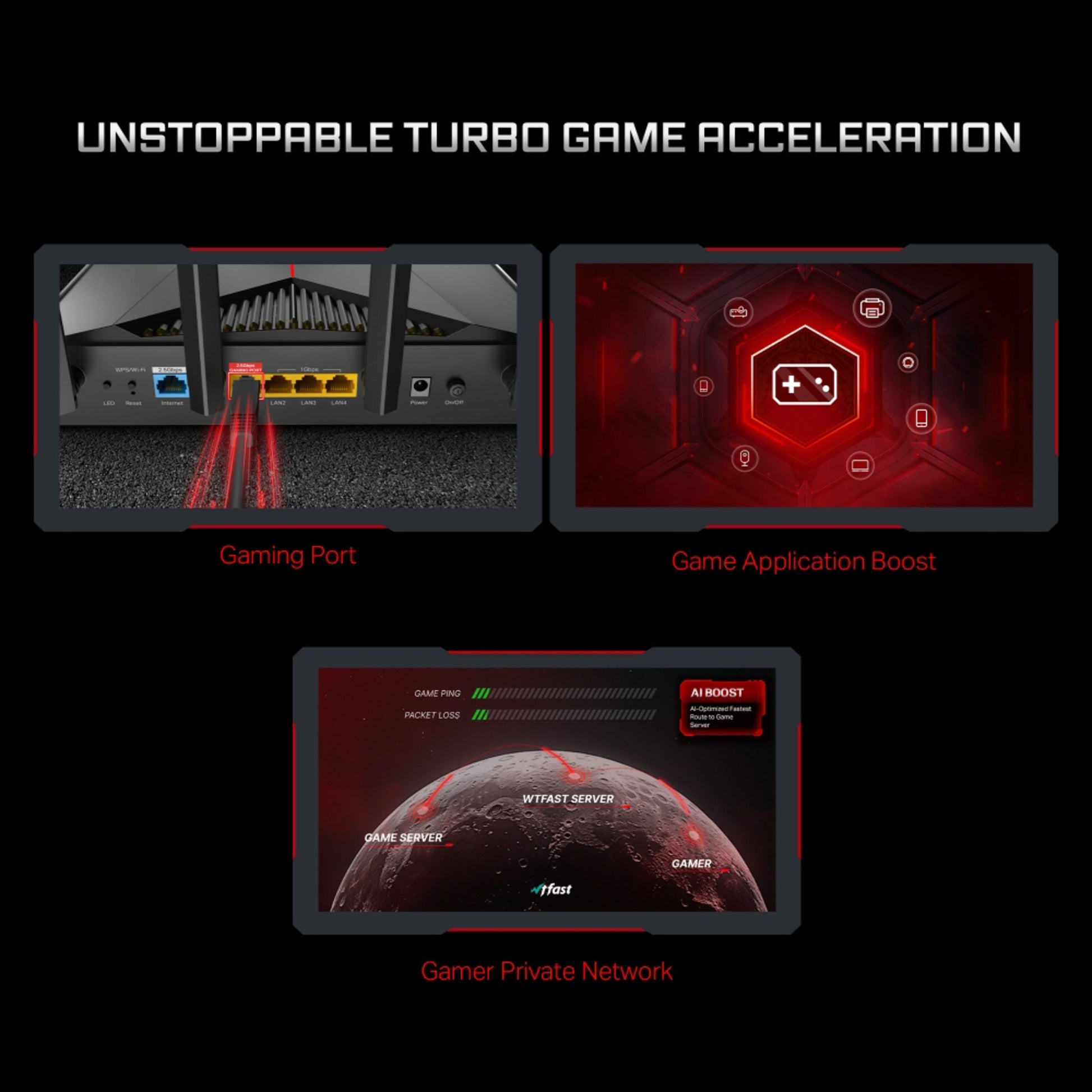 TP-Link Archer GE230 WiFi 7 gamingrouter, rød grafik, Gaming Port, Game Application Boost, Gamer Private Network, 3600 Mbps.