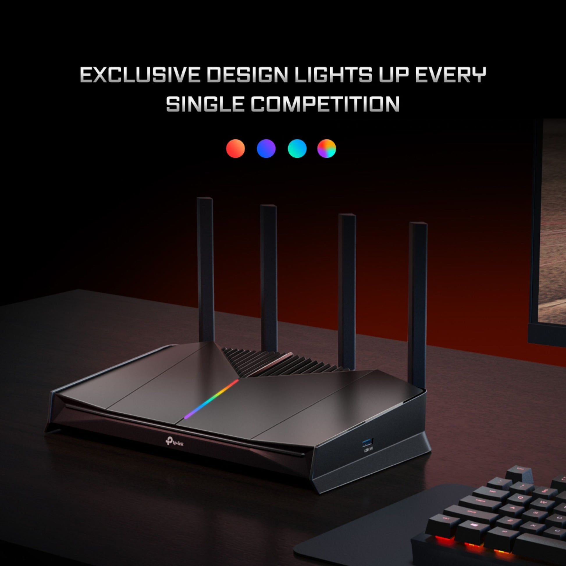 TP-Link Archer GE230 WiFi 7 gamingrouter sort med fire antenner, LED-strip, trådløs hastighed 3600 Mbps, farvede prikker.
