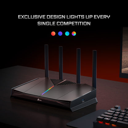 TP-Link Archer GE230 WiFi 7 gamingrouter sort med fire antenner, LED-strip, trådløs hastighed 3600 Mbps, farvede prikker.