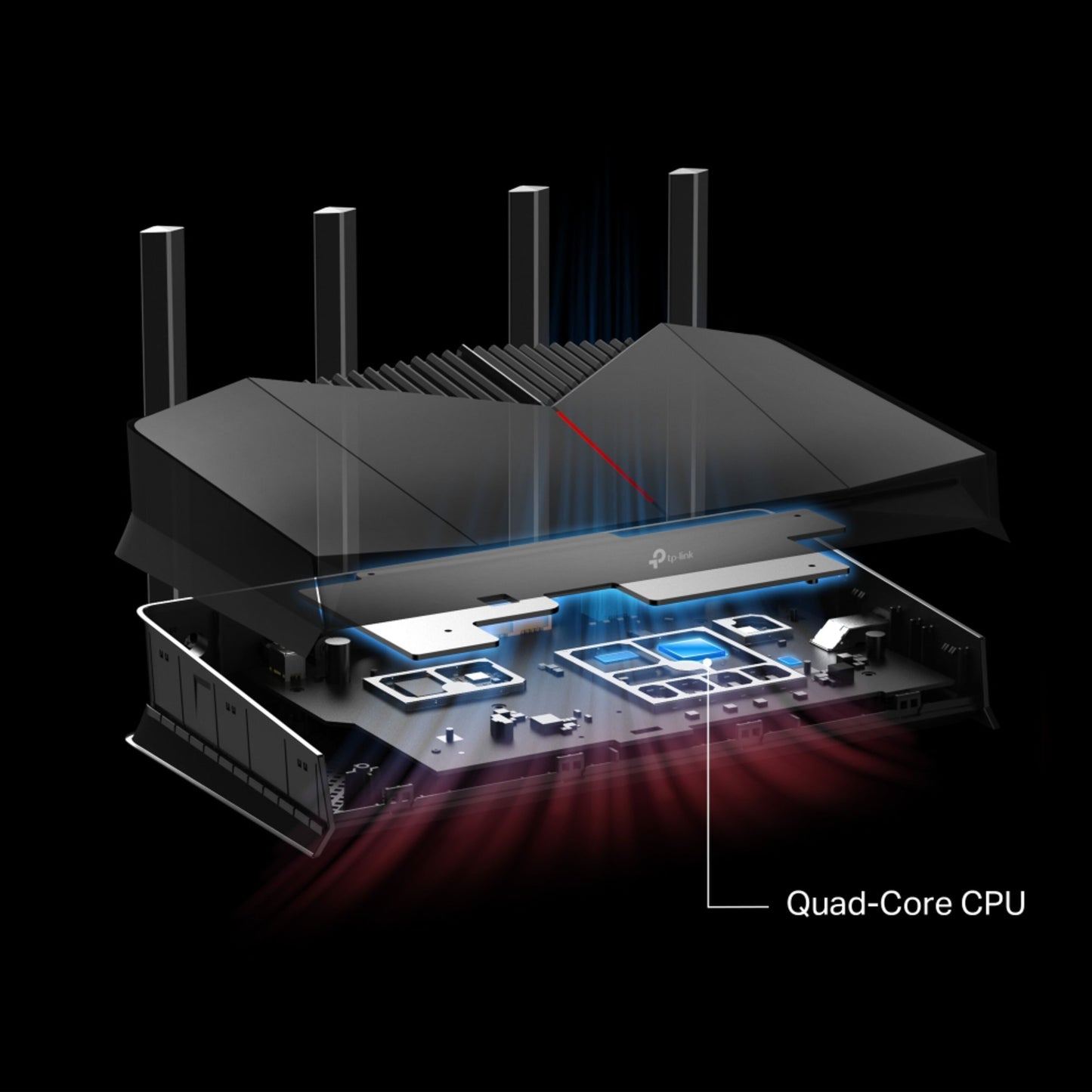 TP-Link Archer GE230 WiFi 7 gaming router eksplosionstegning, top fjernet viser printplade og markeret Quad-Core CPU.