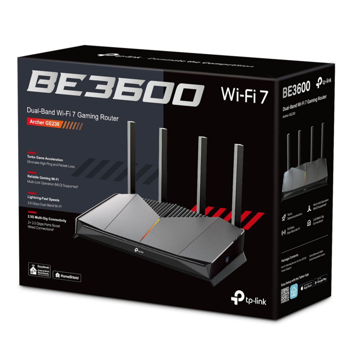TP-Link Archer GE230 WiFi 7 gamingrouter æske med 4 antenner, 3600 Mbps, multi-link og triple gaming porte.