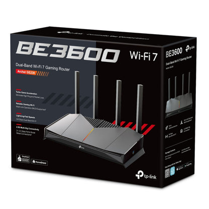 TP-Link Archer GE230 WiFi 7 gamingrouter æske med 4 antenner, 3600 Mbps, multi-link og triple gaming porte.