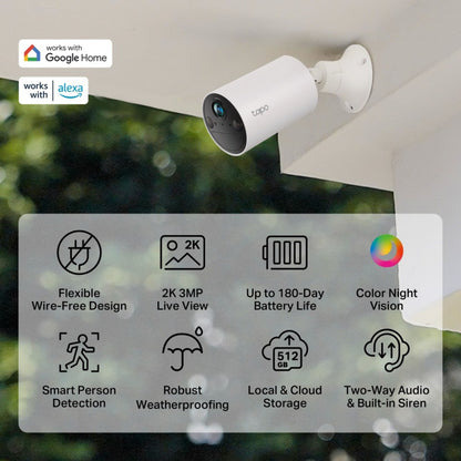 TP-Link Tapo C410 trådløst kamera 2K 3MP, monteret under tag, farve nattesyn, smart detektion, sirene, vejrtæt.