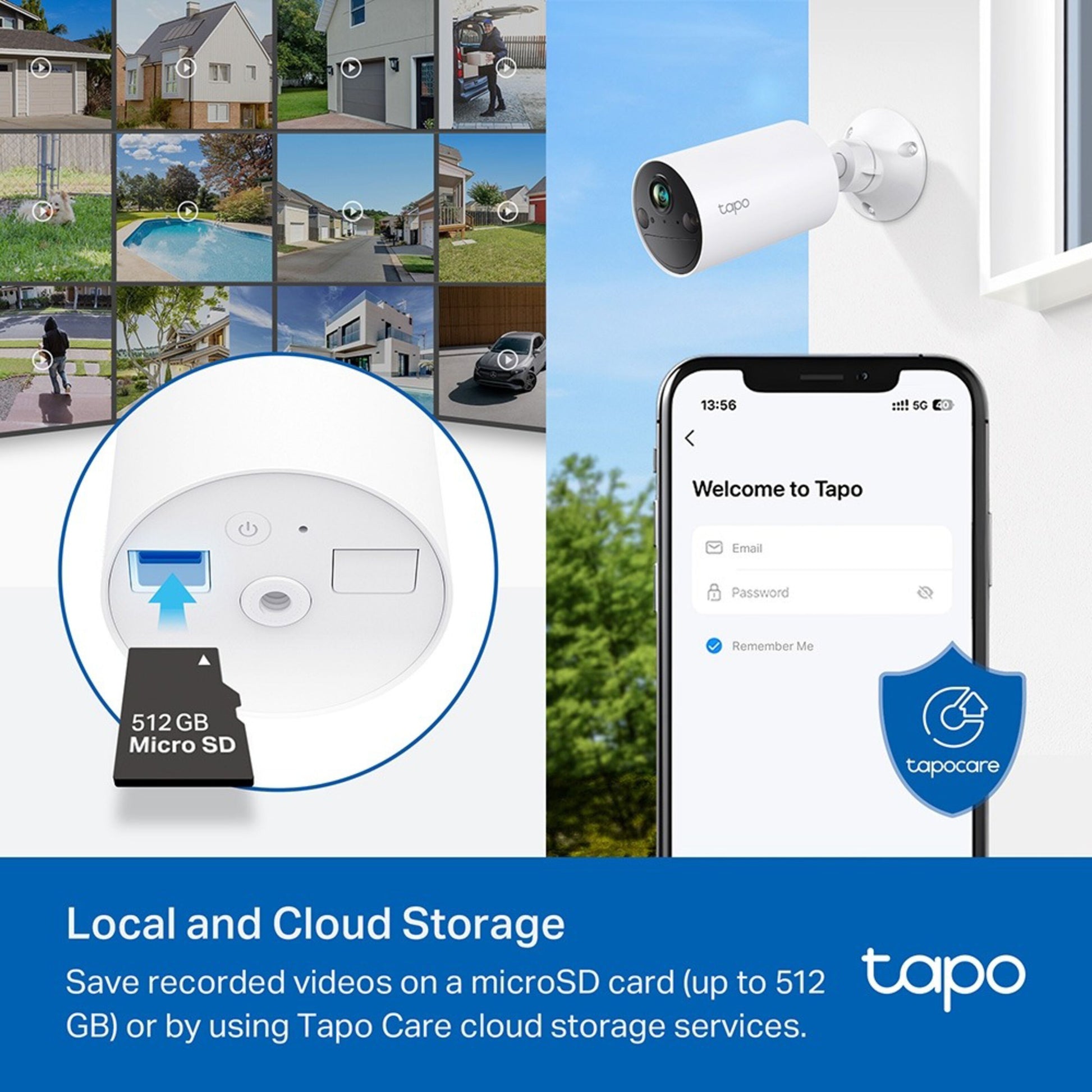 TP-Link Tapo C410 batteridrevet kamera monteret på væg, synlig microSD-slot, mobil med Tapo app login, lokal/cloudlagring.
