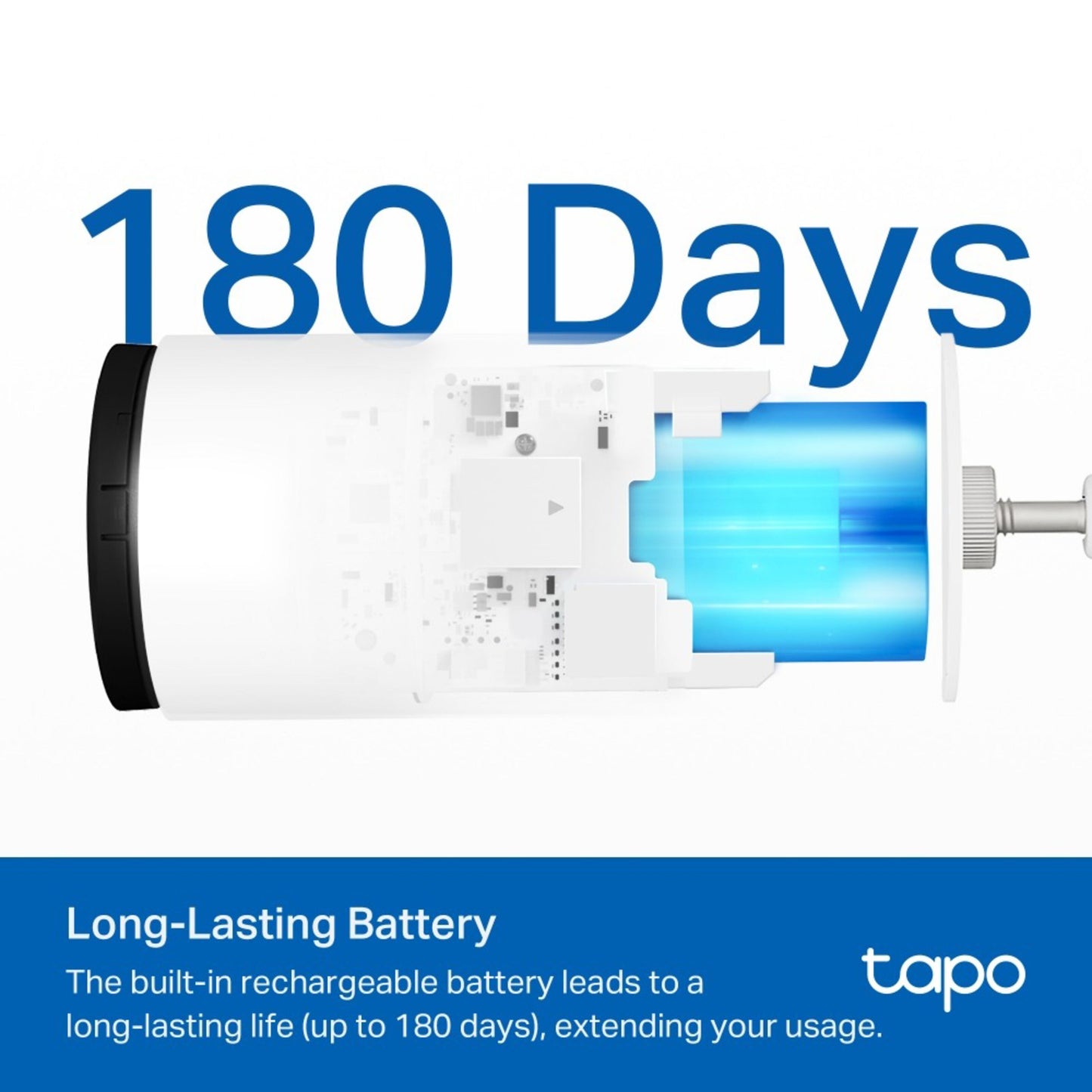 TP-Link Tapo C410 batteridrevet kamera, halvgennemsigtigt hus, synlig blå batteri, tekst "180 Days.