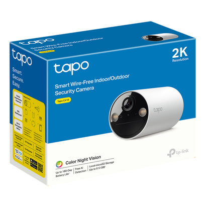 TP-Link Tapo C410 batteridrevet kamera æske, blå/gul, stor kameravisning, 2K opløsning, color night vision, 180 dages batteri.