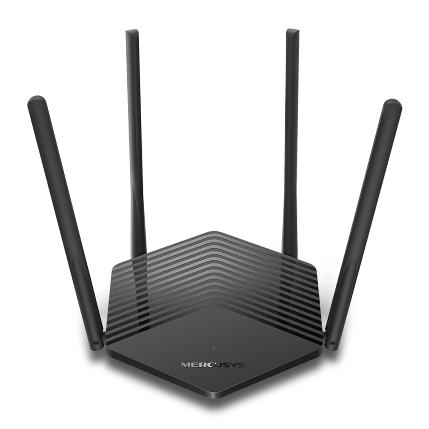 Mercusys MR60X WiFi 6 AX1500 router sort med fire hjørneantenner og geometrisk mønstret overflade.