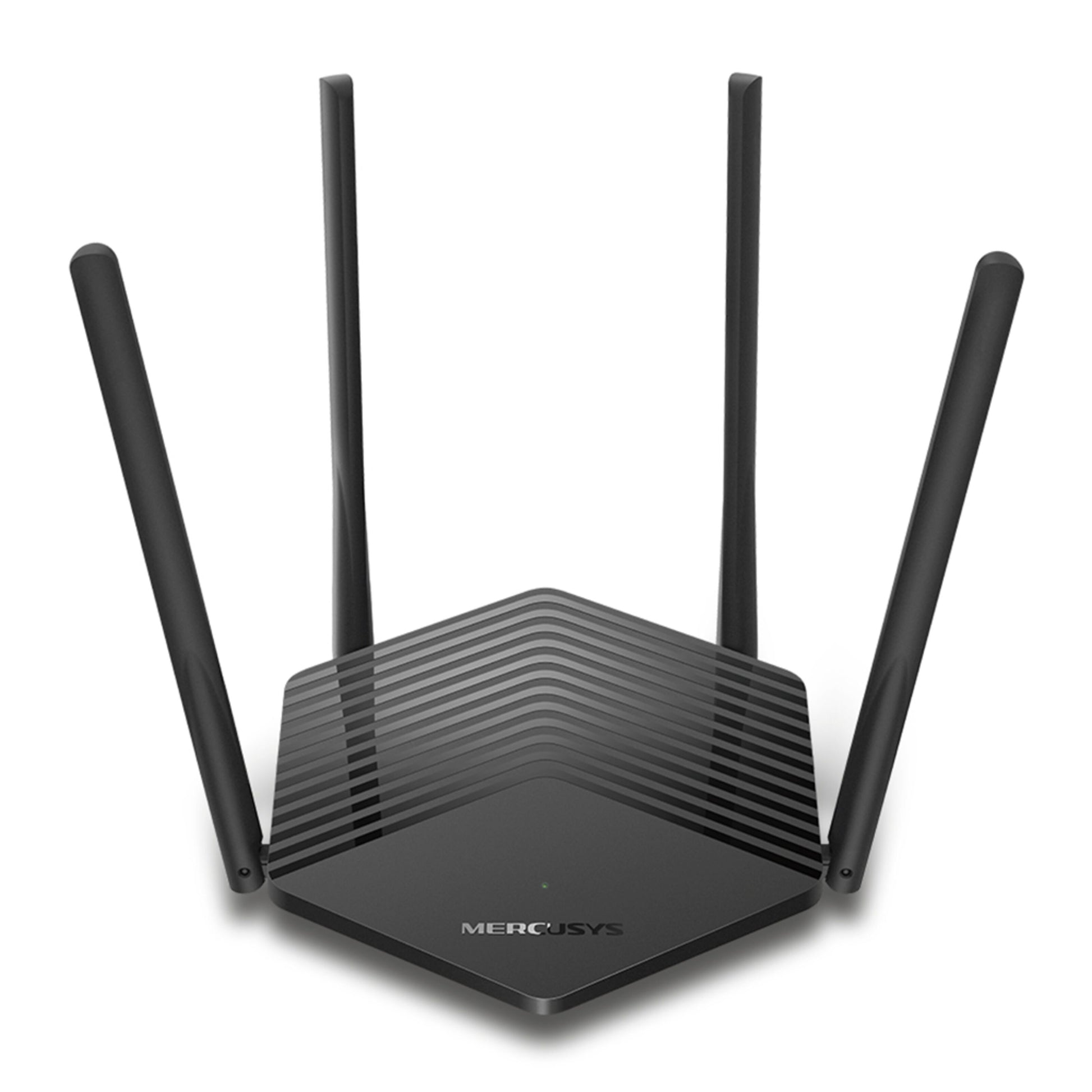 Mercusys MR60X WiFi 6 AX1500 router sort med fire hjørneantenner og geometrisk mønstret overflade.