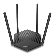 Mercusys MR60X WiFi 6 AX1500 router sort med fire hjørneantenner og geometrisk mønstret overflade.