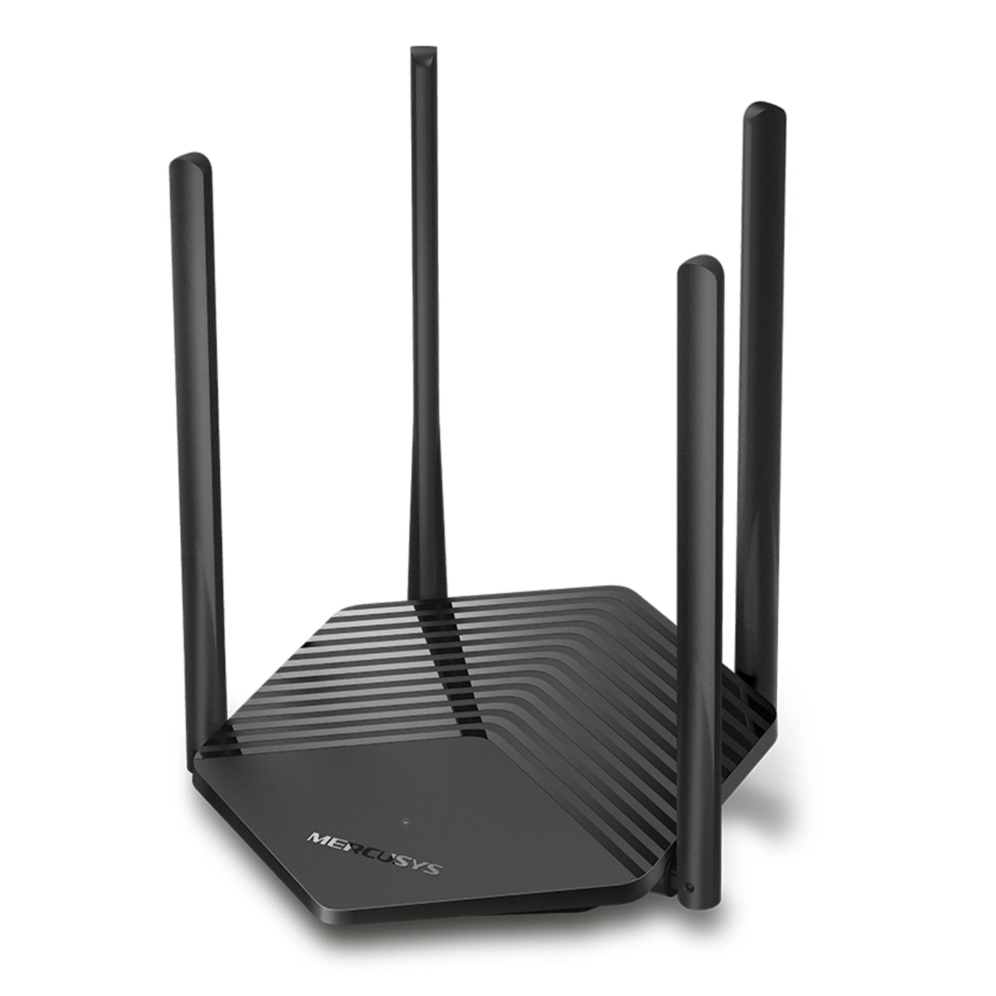 Mercusys MR60X WiFi 6 AX1500 router, sort, rektangulær med fire opretstående antenner og MERCUSYS-logo foran.