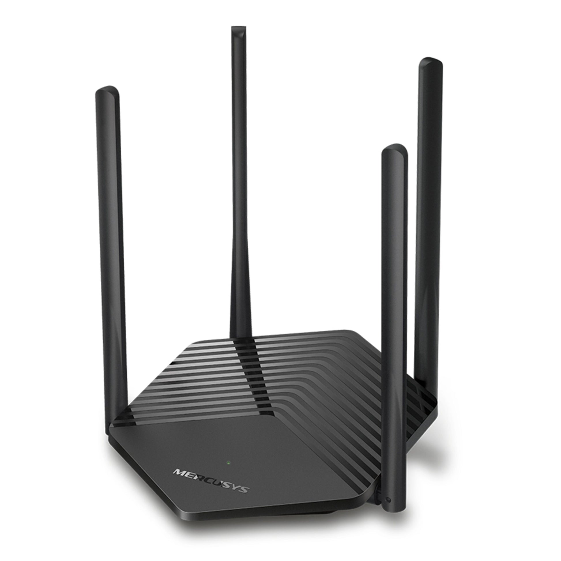 Mercusys MR60X WiFi 6 AX1500 router, sort, rektangulær med fire opretstående antenner og MERCUSYS-logo foran.