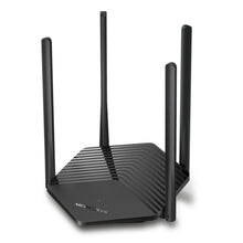 Mercusys MR60X WiFi 6 AX1500 router, sort, rektangulær med fire opretstående antenner og MERCUSYS-logo foran.