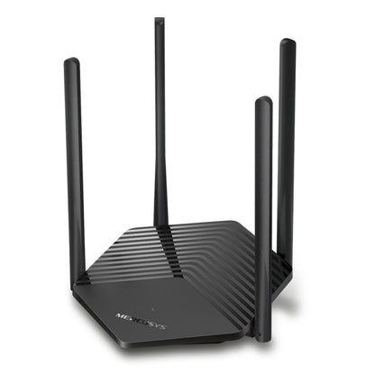 Mercusys MR60X WiFi 6 AX1500 router, sort, rektangulær med fire opretstående antenner og MERCUSYS-logo foran.