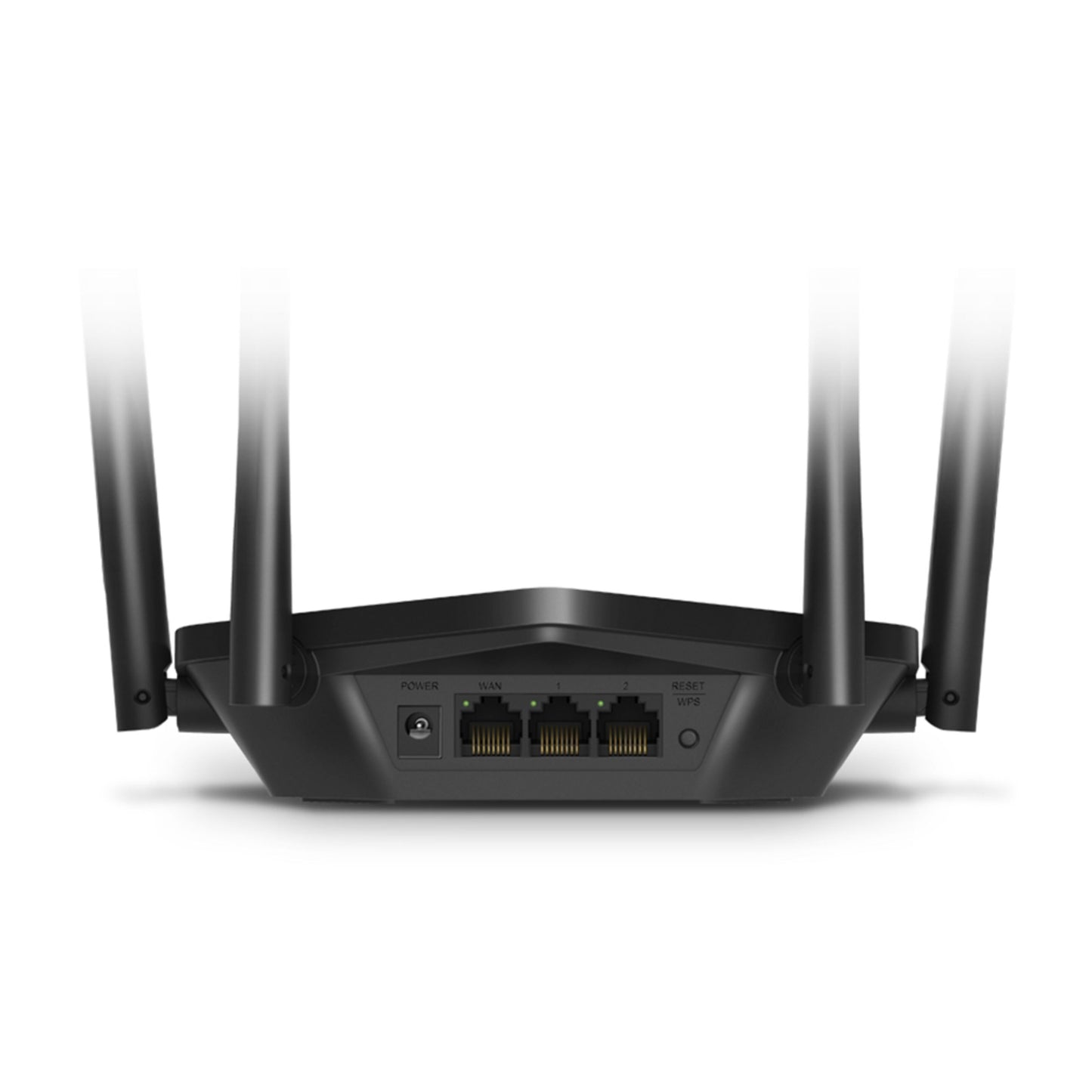 Mercusys MR60X WiFi 6 AX1500 router sort, bagfra med 4 antenner, strømstik, reset-knap og 4 Ethernet-porte.