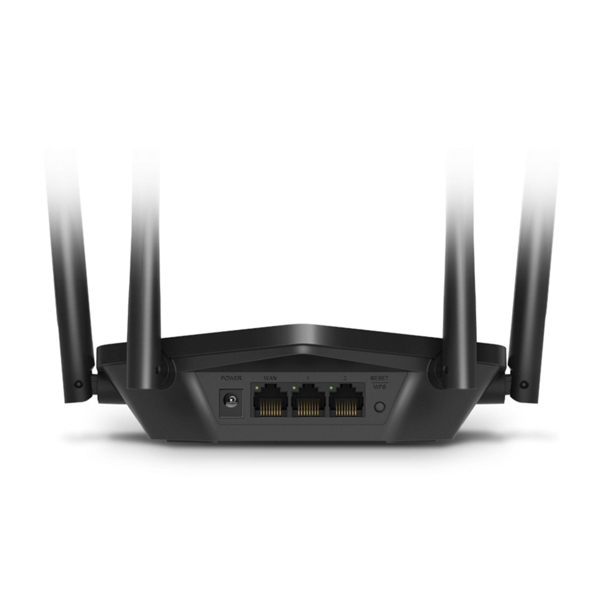 Mercusys MR60X WiFi 6 AX1500 router sort, bagfra med 4 antenner, strømstik, reset-knap og 4 Ethernet-porte.