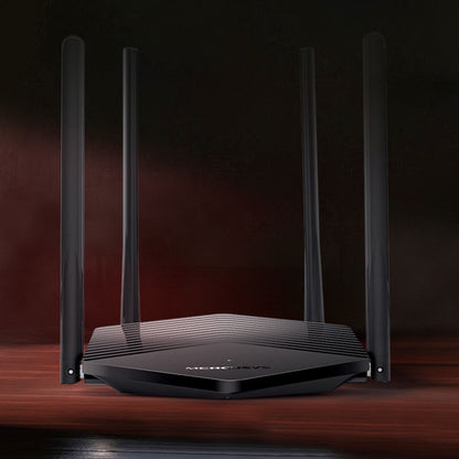 Mercusys MR60X Wifi 6 AX1500 sort router med fire oprejste antenner på mørk overflade.