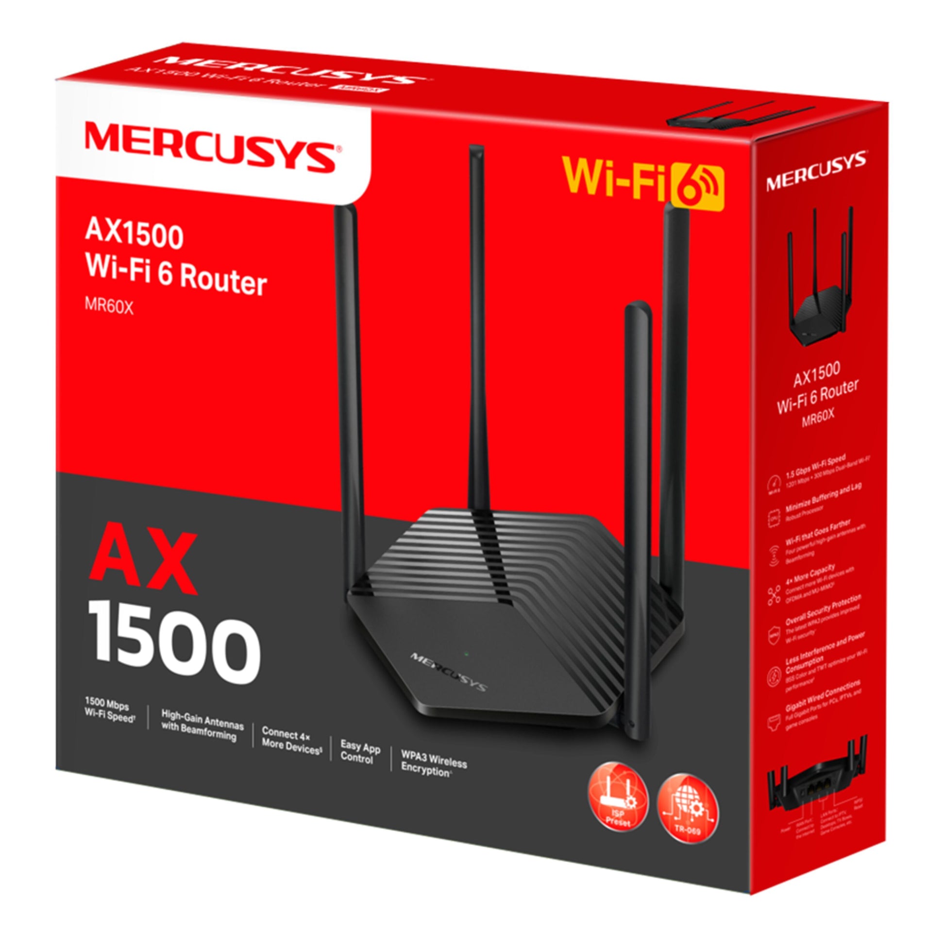 Mercusys MR60X WiFi 6 AX1500 router sort/rød æske, fire antenner, Wi-Fi 6, op til 1500 Mbps, appstyring.
