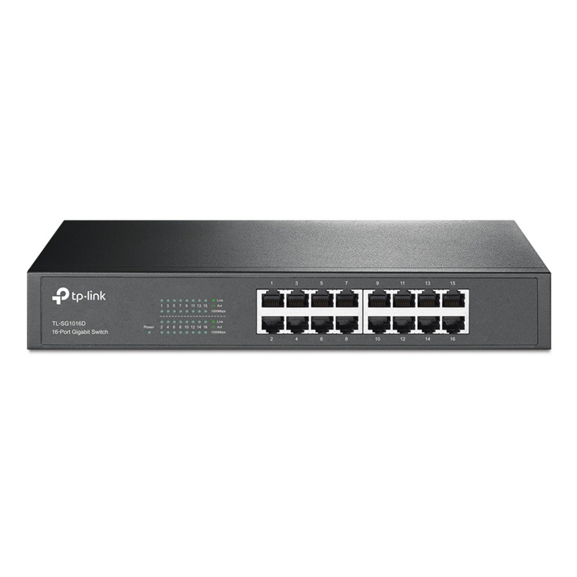 TP-Link TL-SG1016D Gigabit Switch med 16 Ethernet-porte og statusindikatorlys.