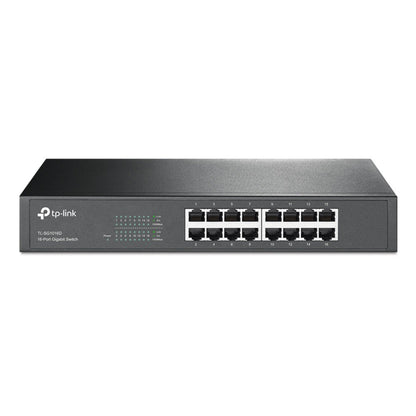 TP-Link TL-SG1016D Gigabit Switch med 16 Ethernet-porte og statusindikatorlys.