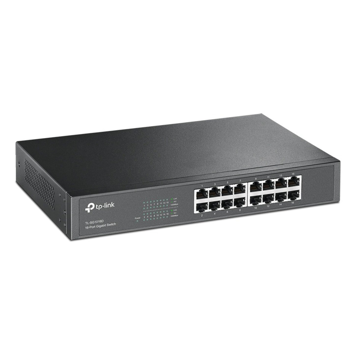 TP-Link TL-SG1016D 16-ports Gigabit-switch med flere RJ45 Ethernet-porte og LED-indikatorer.