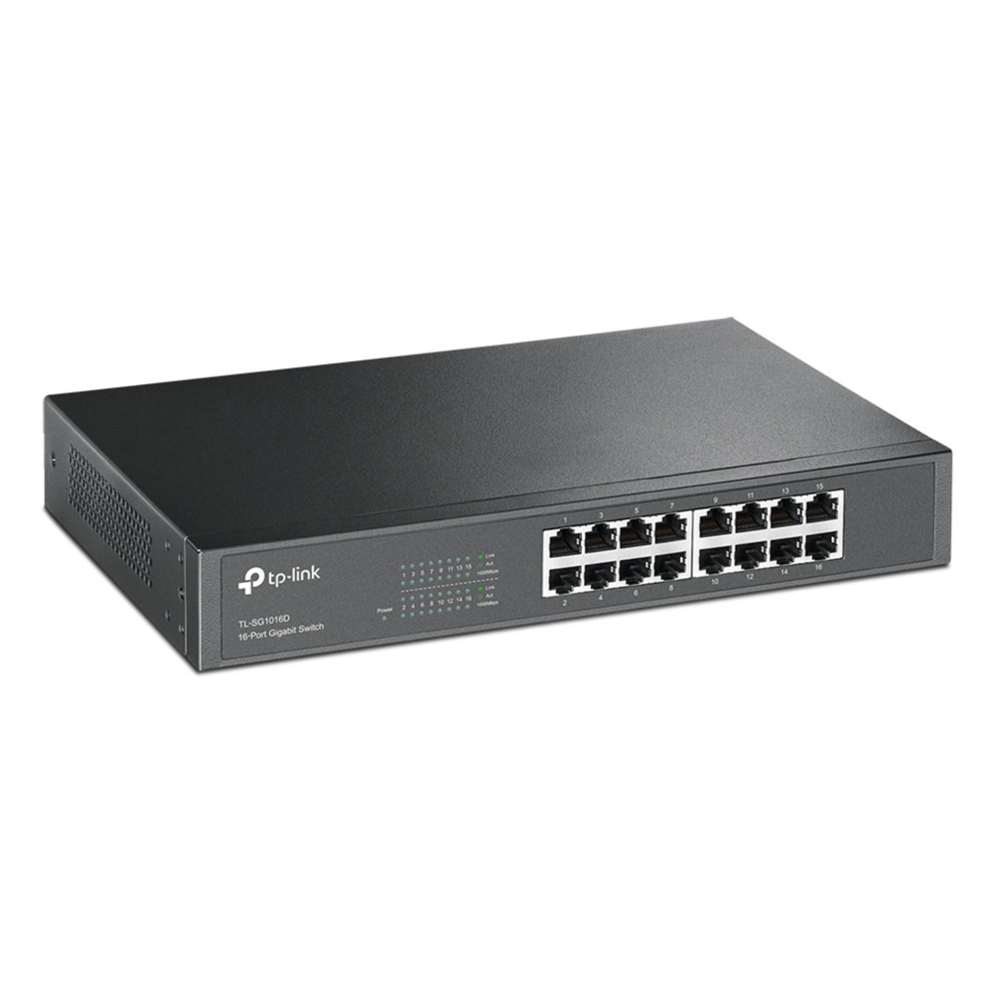 TP-Link TL-SG1016D 16-ports Gigabit-switch med flere RJ45 Ethernet-porte og LED-indikatorer.
