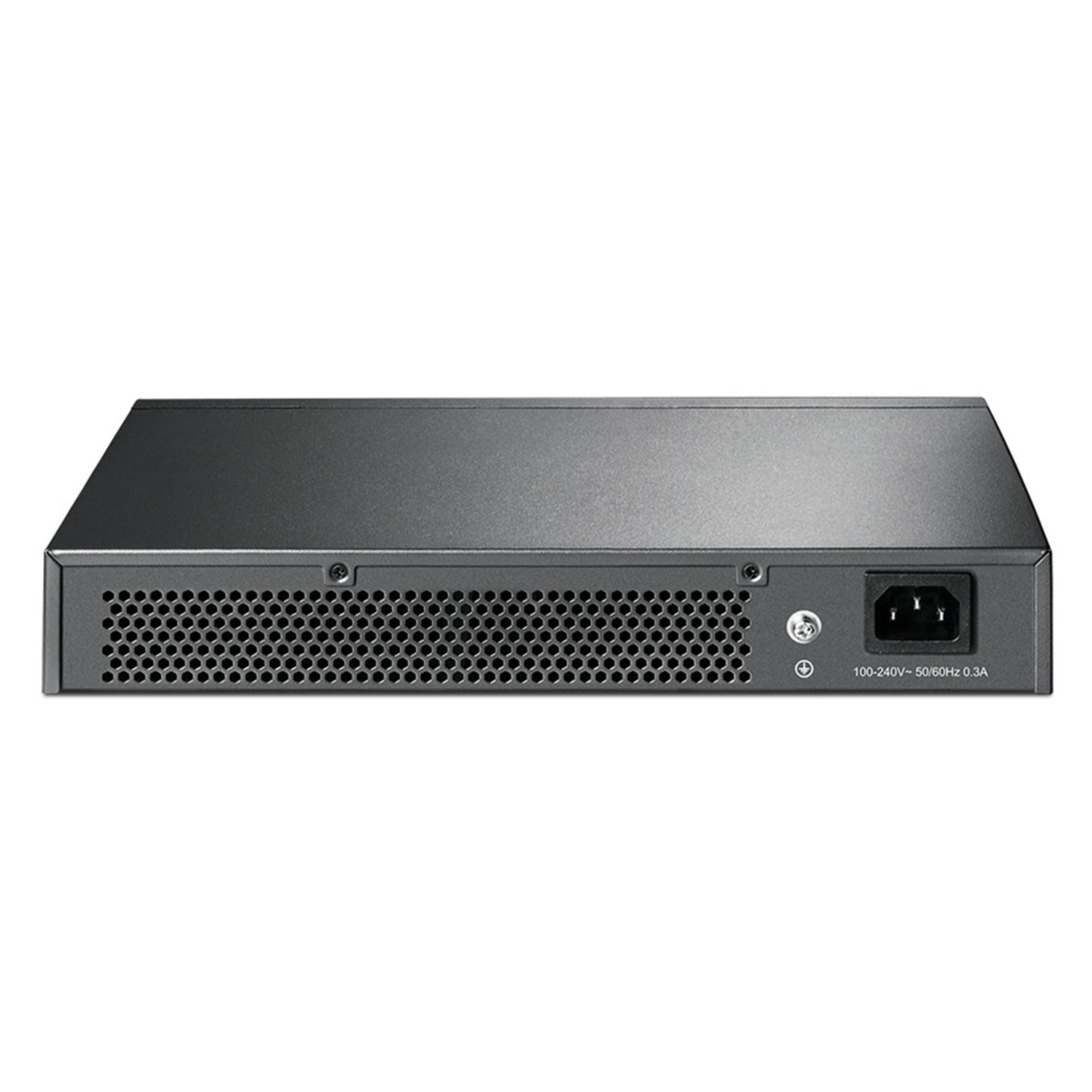 TP-Link TL-SG1016D 16-port Gigabit switch bagfra med ventileret panel, højre strømstik og synlige strømoplysninger.