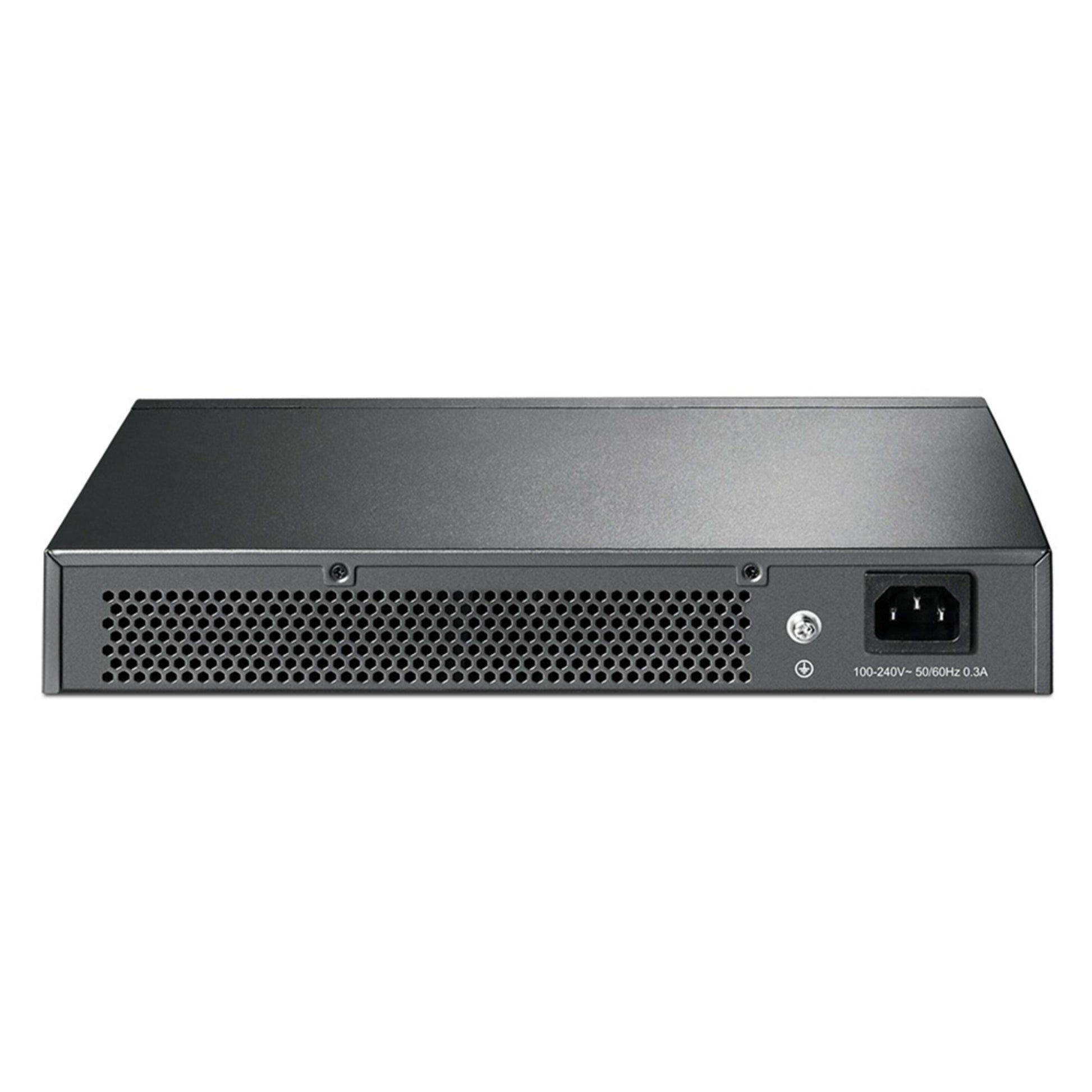 TP-Link TL-SG1016D 16-port Gigabit switch bagfra med ventileret panel, højre strømstik og synlige strømoplysninger.