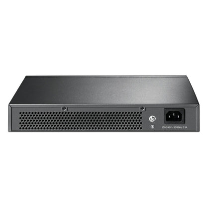 TP-Link TL-SG1016D 16-port Gigabit switch bagfra med ventileret panel, højre strømstik og synlige strømoplysninger.