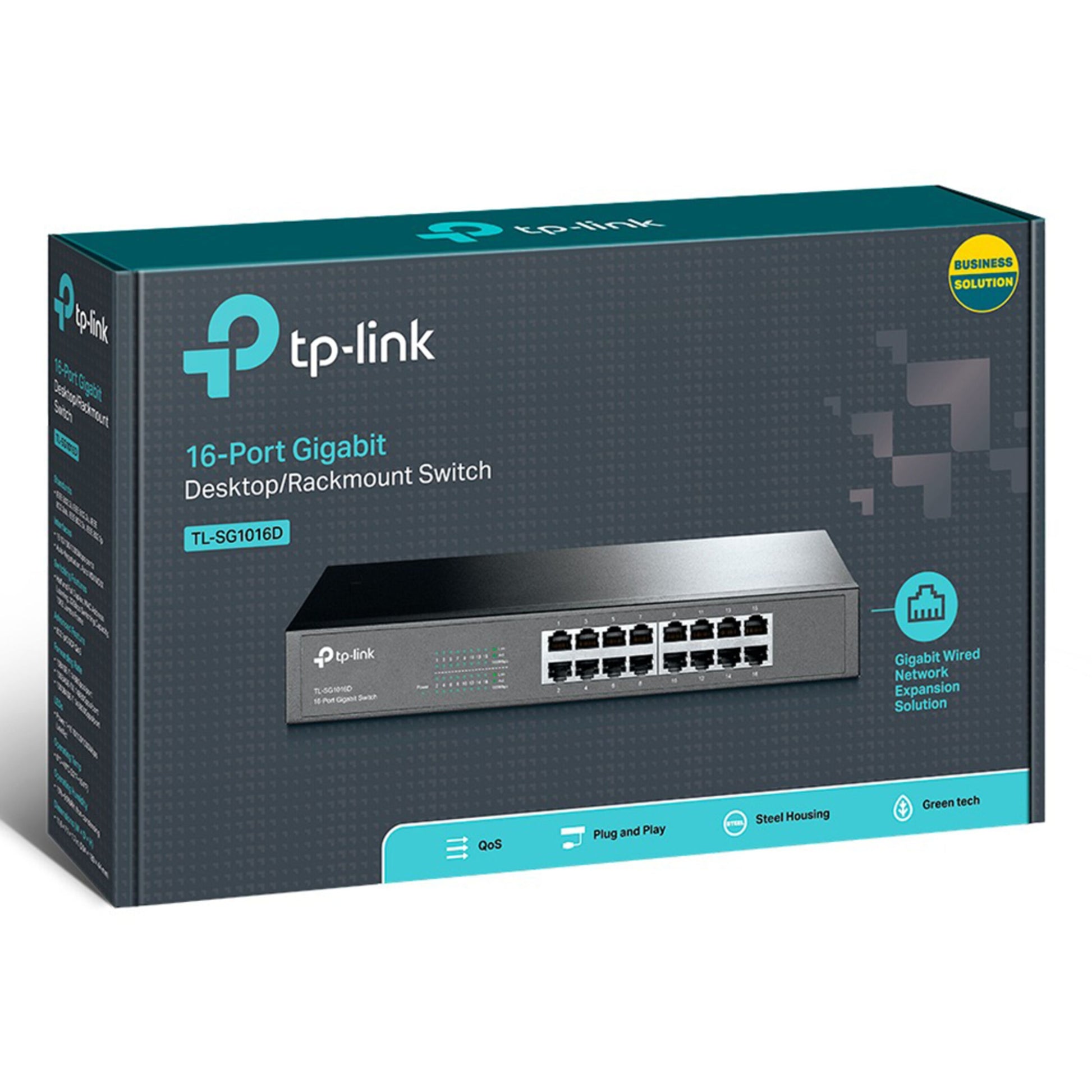 TP-Link TL-SG1016D Gigabit Switch 16 porte, QoS, plug  play, stålkabinet, grøn teknologi, info på emballagen.