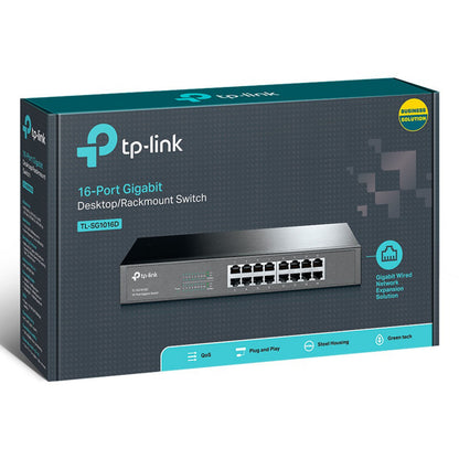 TP-Link TL-SG1016D Gigabit Switch 16 porte, QoS, plug  play, stålkabinet, grøn teknologi, info på emballagen.
