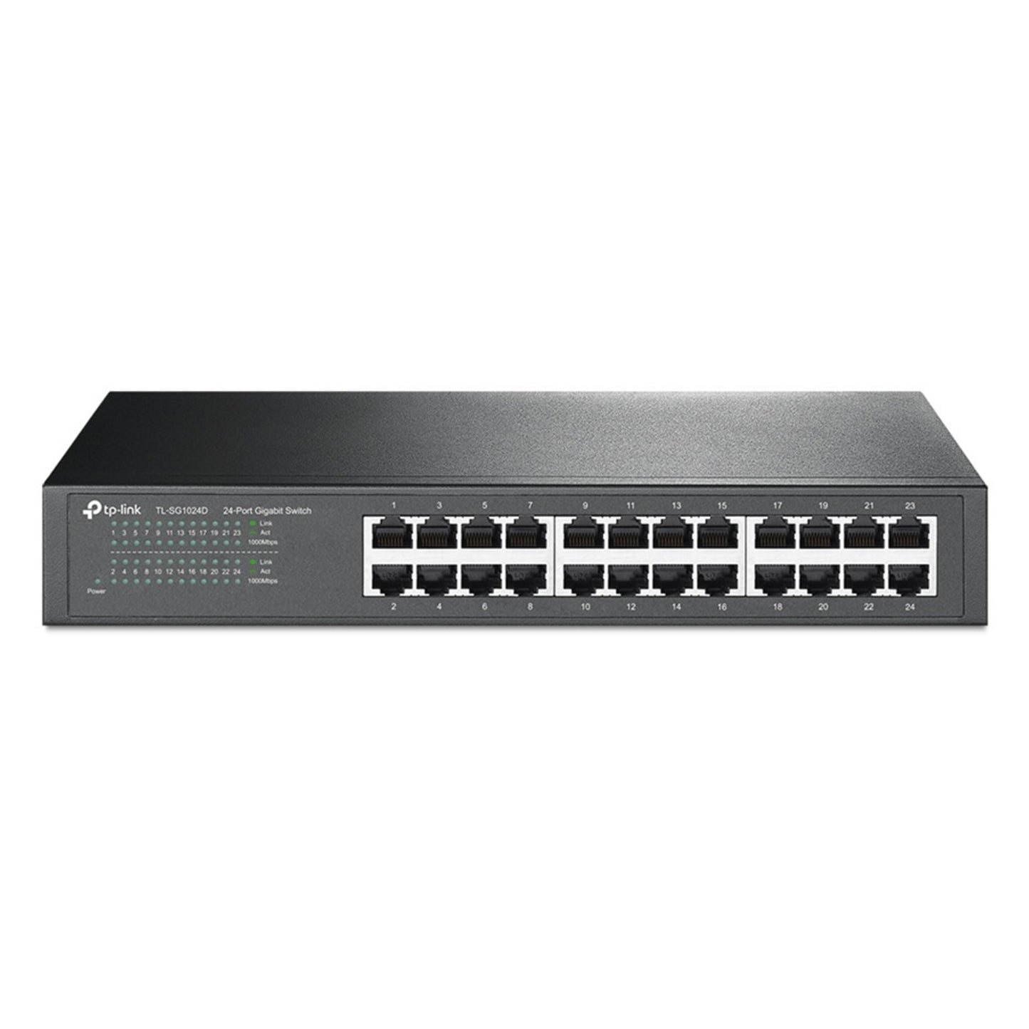 TP-Link TL-SG1024D uadministreret 24-ports Gigabit switch, sort metal kabinet, porte og indikatorlys til venstre.