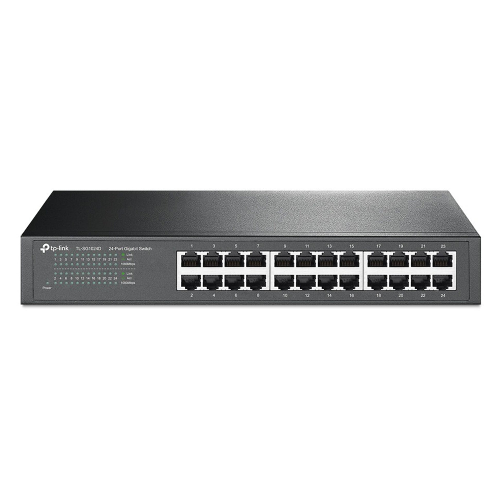 TP-Link TL-SG1024D uadministreret 24-ports Gigabit switch, sort metal kabinet, porte og indikatorlys til venstre.