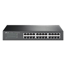 TP-Link TL-SG1024D uadministreret 24-ports Gigabit switch, sort metal kabinet, porte og indikatorlys til venstre.