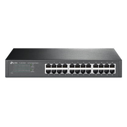TP-Link TL-SG1024D uadministreret 24-ports Gigabit switch, sort metal kabinet, porte og indikatorlys til venstre.