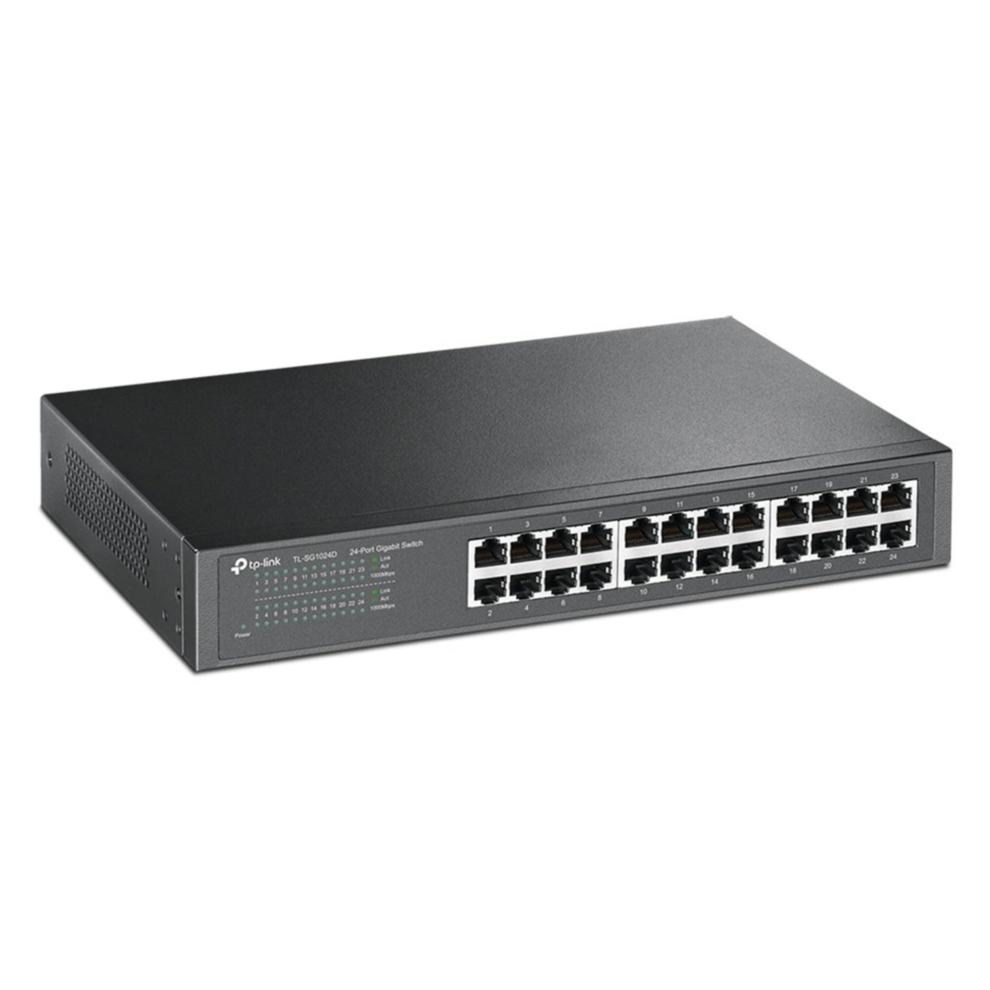 TP-Link TL-SG1024D 24-port Gigabit Switch i sort med indikatorlys og tydeligt markerede Ethernet-porte på fronten.