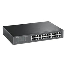 TP-Link TL-SG1024D 24-port Gigabit Switch i sort med indikatorlys og tydeligt markerede Ethernet-porte på fronten.