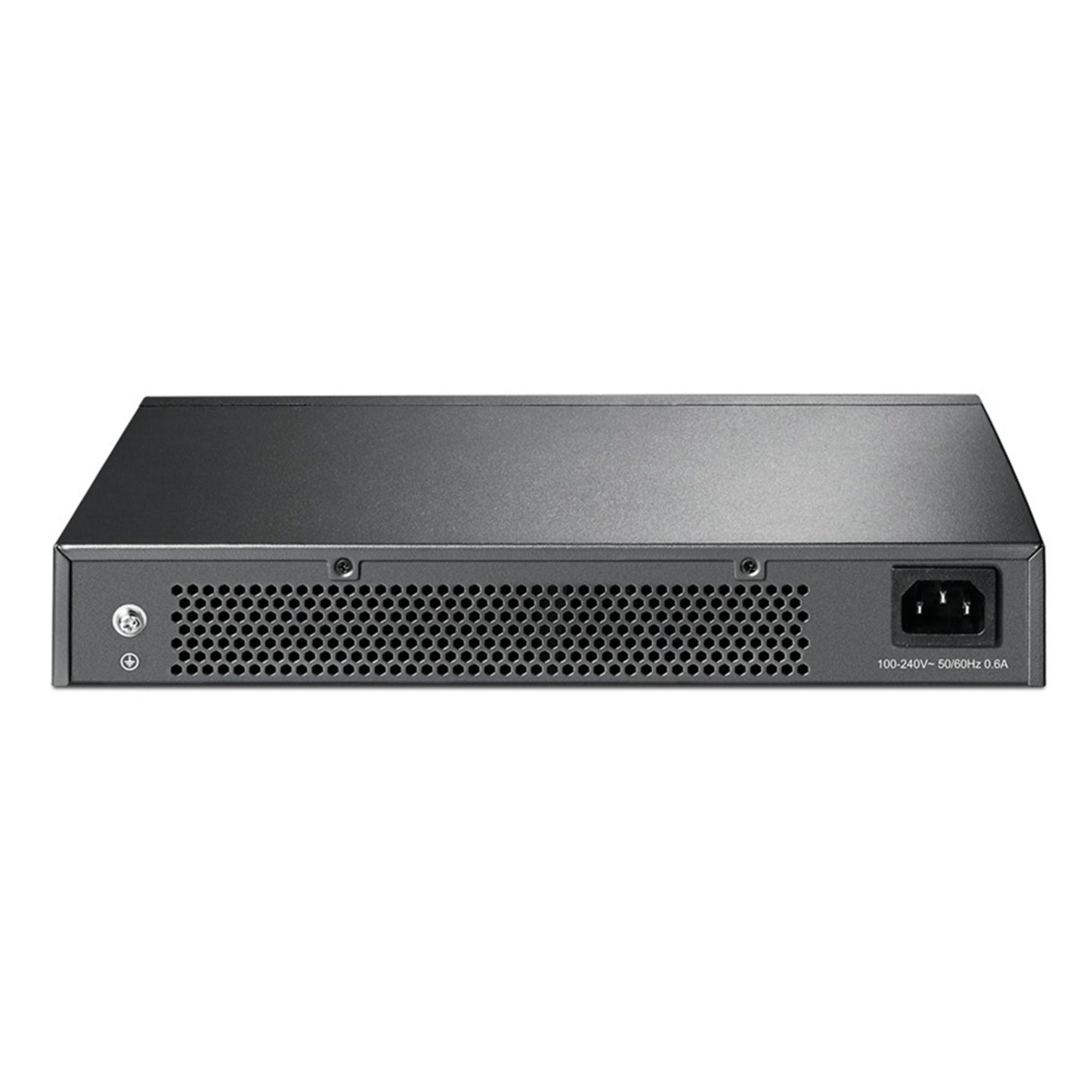 TP-Link TL-SG1024D 24-port gigabit switch bagtil med ventileret panel og strømindgang til højre.