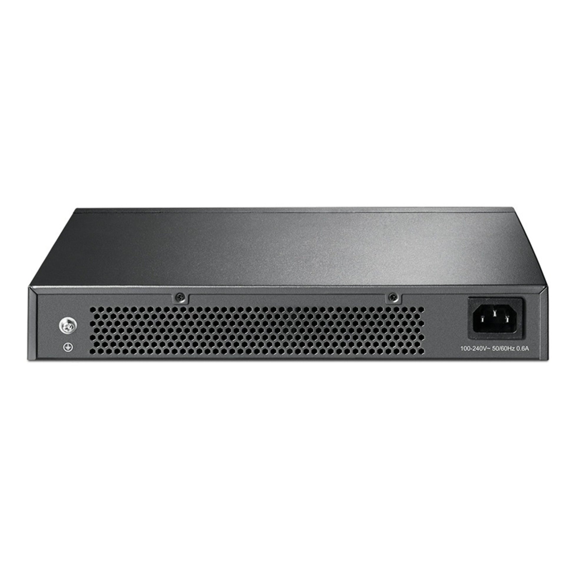 TP-Link TL-SG1024D 24-port gigabit switch bagtil med ventileret panel og strømindgang til højre.