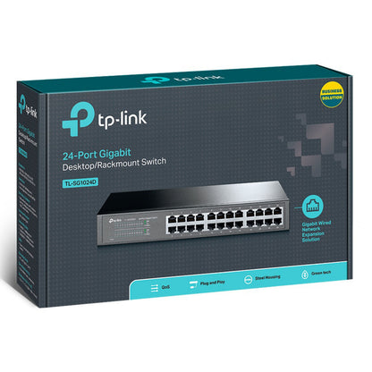 TP-Link TL-SG1024D 24-port Gigabit switch æske med billede, logo og info om QoS, plug and play, stål og energibesparelse.