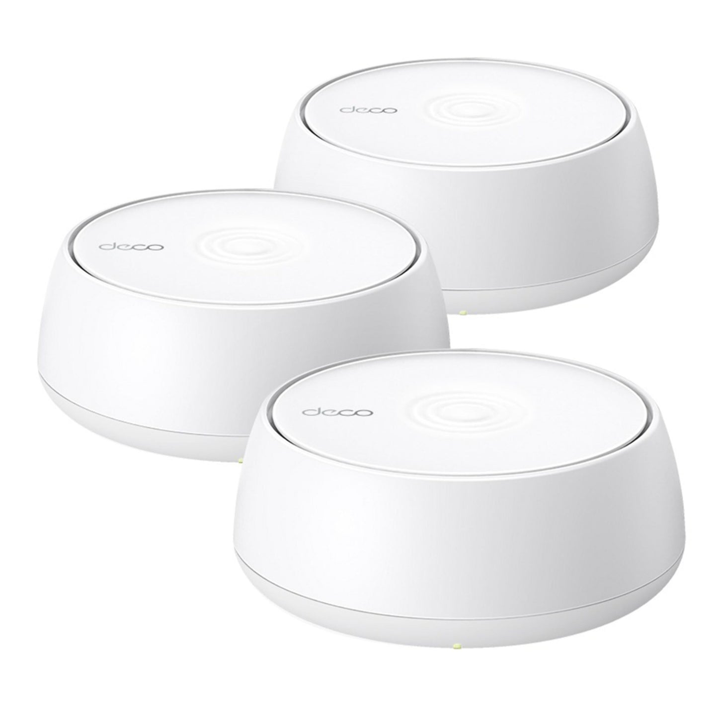 TP-Link Deco BE3600 Pro mesh wifi, hvid, rund form med cirkulært mønster på toppen og lille indikatorlys foran, 3-pak.