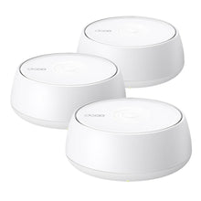 TP-Link Deco BE3600 Pro mesh wifi, hvid, rund form med cirkulært mønster på toppen og lille indikatorlys foran, 3-pak.