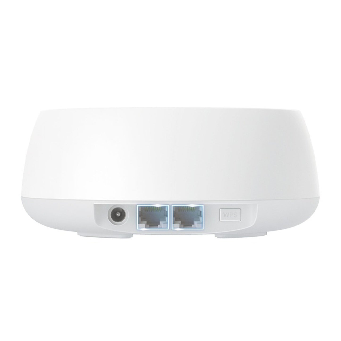TP-Link Deco BE3600 Pro hvid oval router med strømport bagpå, to Ethernet-porte og WPS-knap.