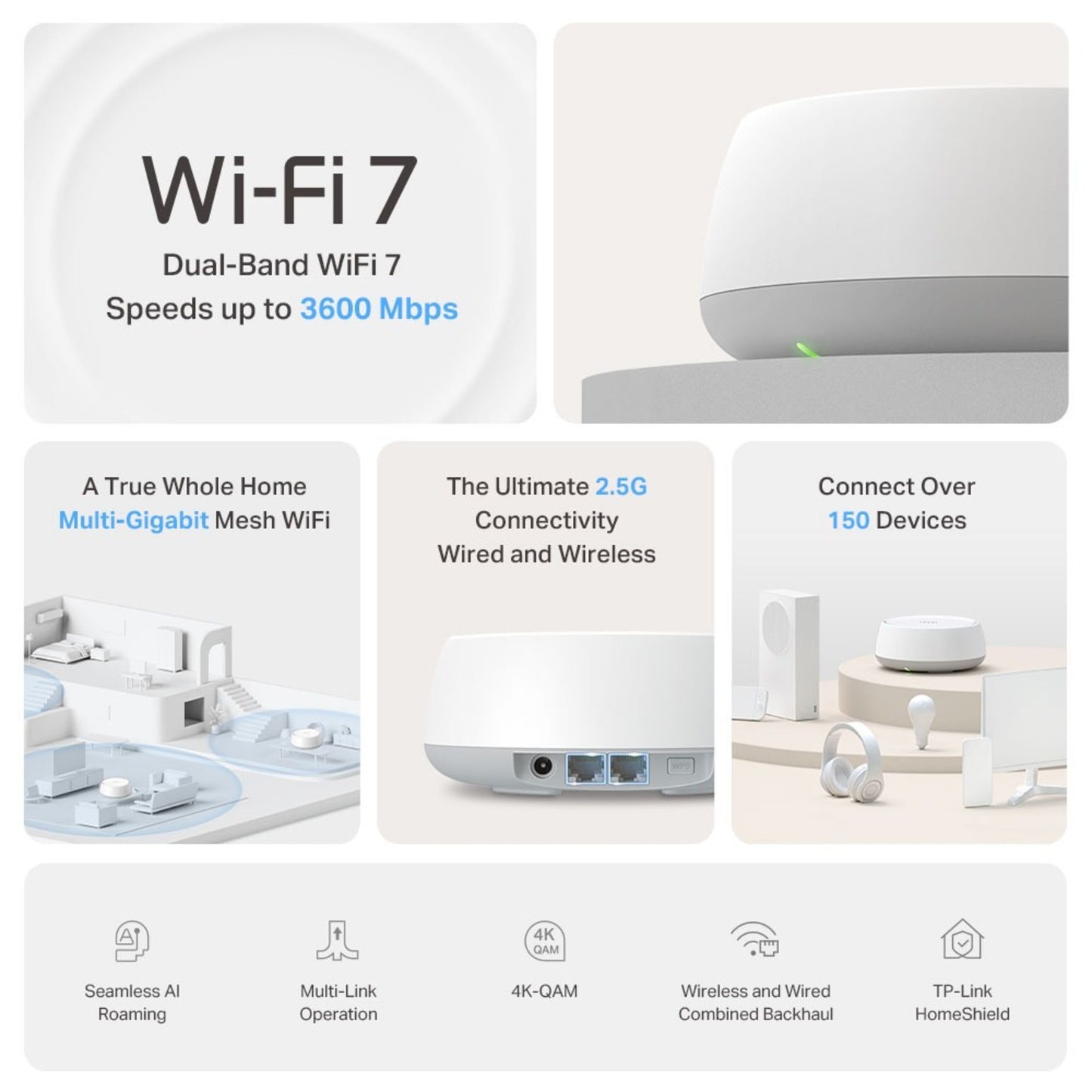 TP-Link Deco BE3600 Pro dual-band WiFi 7 mesh, op til 3600 Mbps, 2,5G port, understøtter 150+ enheder.