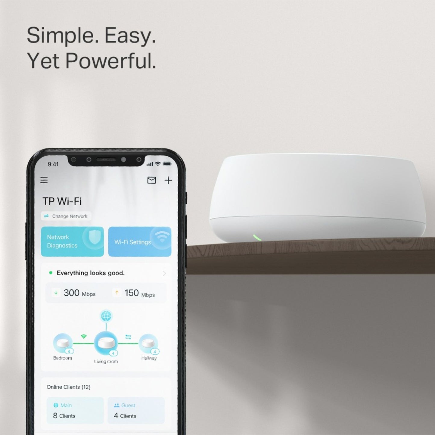 TP-Link Deco BE3600 Pro mesh-router med netværksdiagnostik i app, dual-band WiFi 7, op til 300/150 Mbps hastighed.