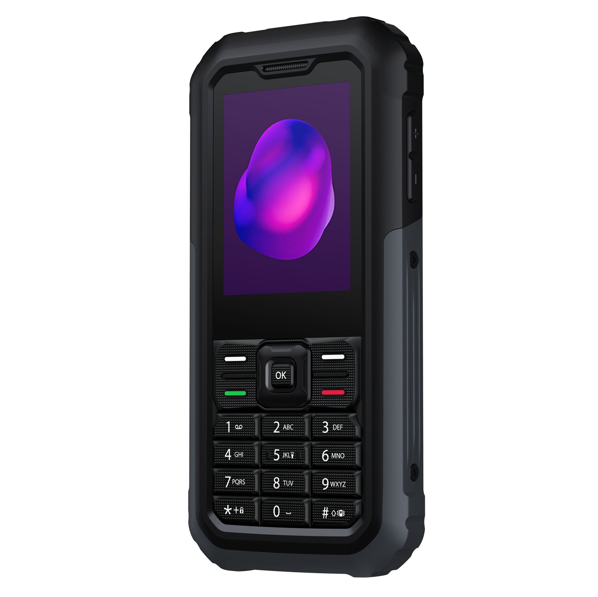 TCL Onetouch 5044 robust sort 4G-mobil med tastatur, lille farveskærm med lilla abstrakt figur.